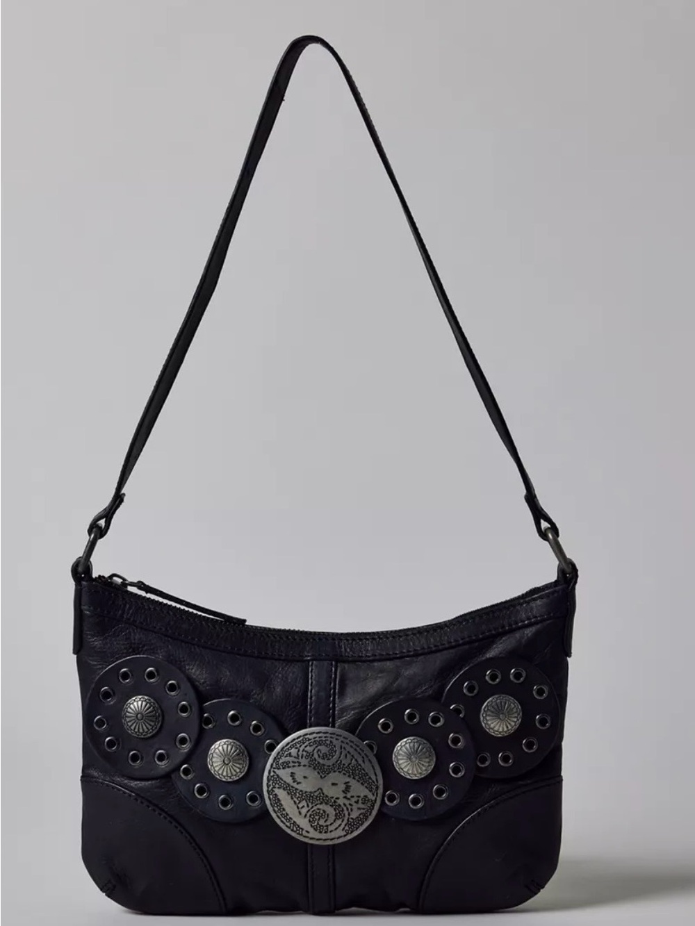 Silent noise Black Leather Shoulder Bag with Concho Embellishments